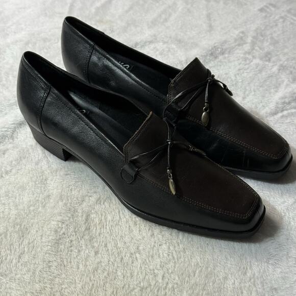 Mootsies Tootsie Leather Heel Loafers Y2K Square Toe Brown Black Bow Womens Sz 8 - Picture 1 of 4